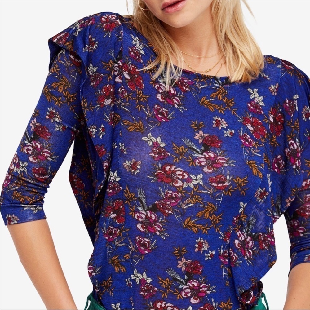 Free People Medium Dock Street Cobalt Blue Floral Ruffle Long Sleeve Shirt - Picture 2 of 10